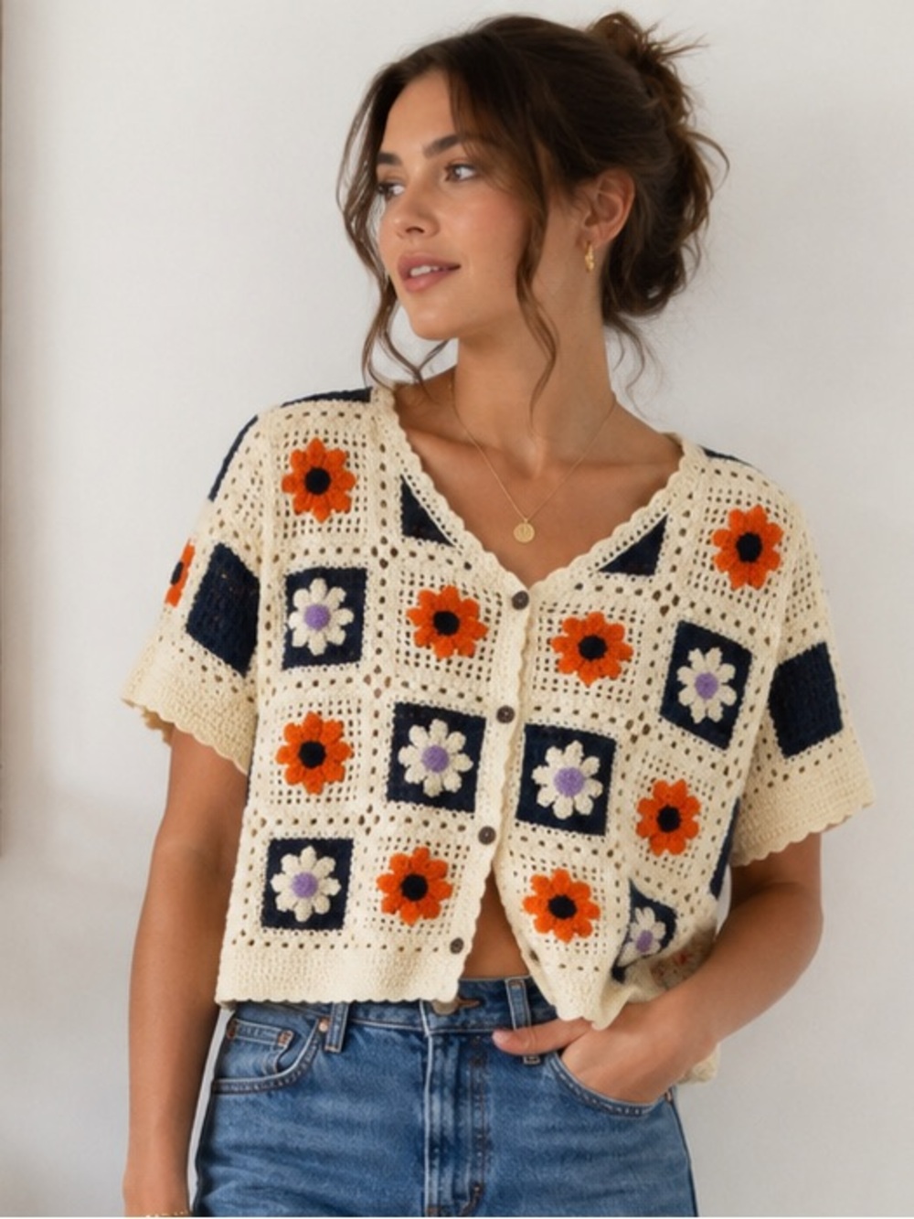 Granny Square Crochet Floral Cardigan 70s Boho Grandmacore Cottagecore Medium